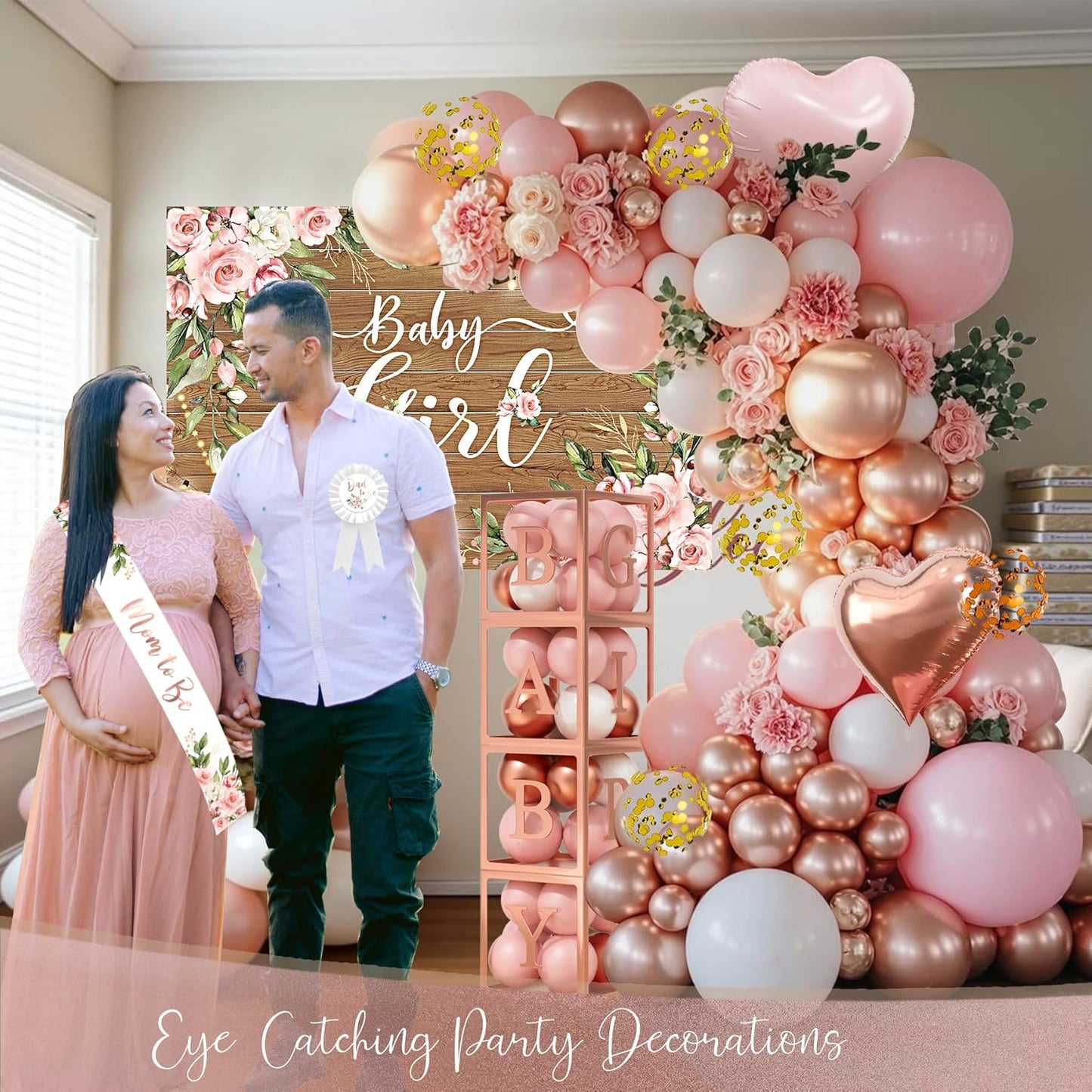 Floral Baby Shower Decorations for Girl, Rose Gold Baby Shower Party Supplies, Baby Boxes, Mom to Be Sash and Dad to Be Pin, Pink Balloon Arch Backdrop Tablecloth Heart Foil Balloon