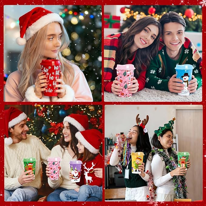 Jansun 6pcs Christmas Color Changing Hot Cups with Lids 16Oz Reusable Plastic Coffee Cups for Party Decorations Winter Christmas Cups for Holiday Birthday Party Favors Supplies