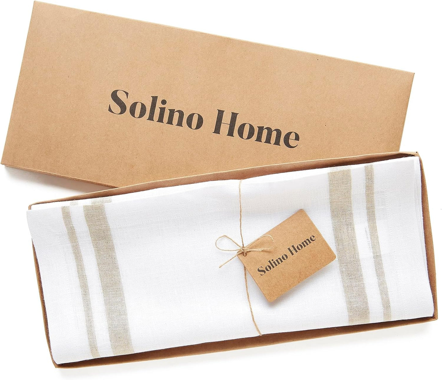 Solino Home Linen Table Runner 108 Inches Long - French Stripe, 100% Pure Linen Natural and White Farmhouse Table Runner 14 x 108 Inch Ideal for Dining, Fall, Autumn, Thanksgiving