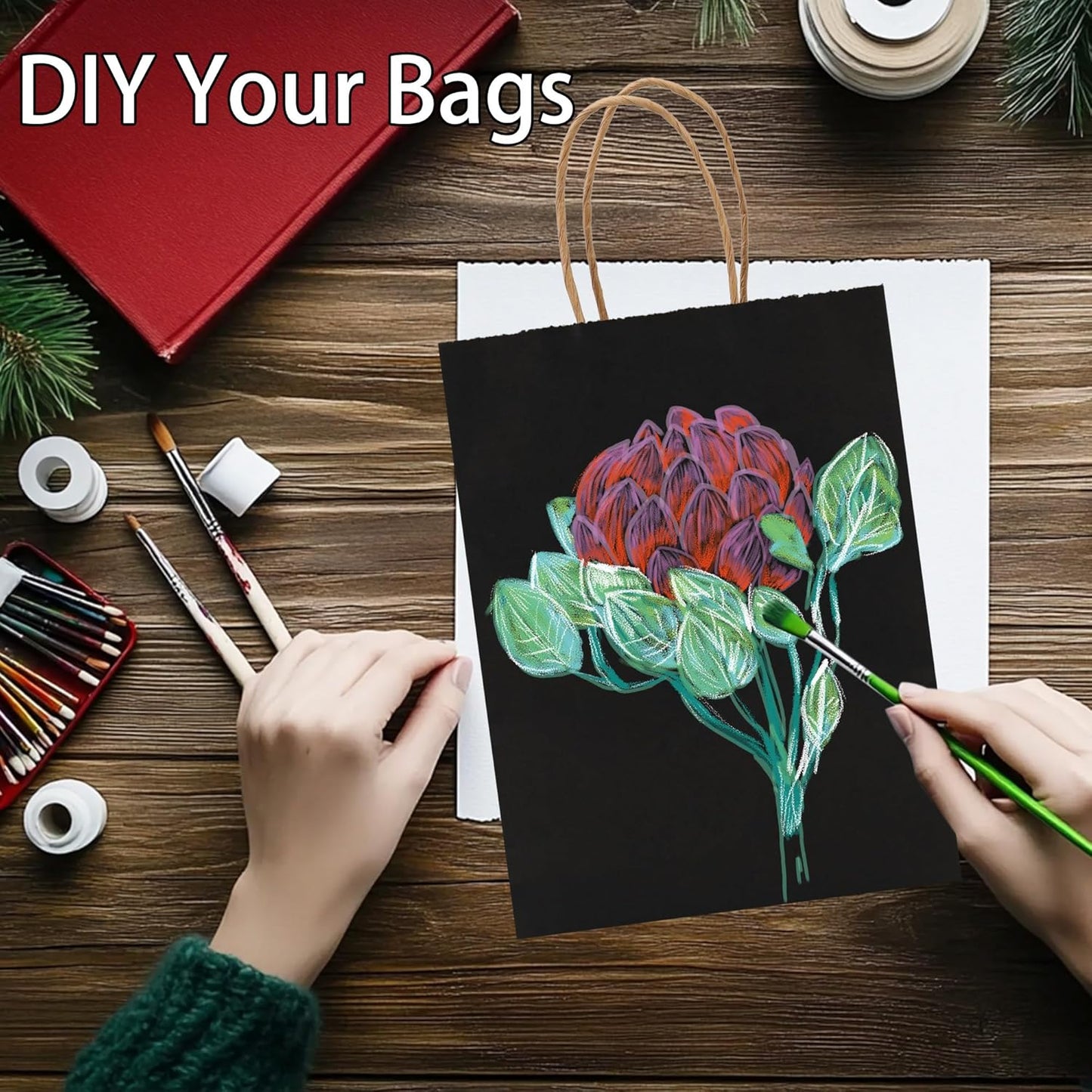 OEMVALATY 25Pcs 5.9x3.2x8.3 Inch Small Black Paper Bags with Handles Bulk, Kraft Paper Gift Bags for Birthday Party Favors Grocery Retail Business Shopping Goody Merchandise Craft Blank Bags