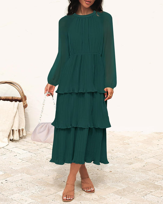 ZESICA Women's 2025 Long Sleeve Crew Neck Ruffle Tiered Layered Chiffon Flowy Swing Long Midi Dress