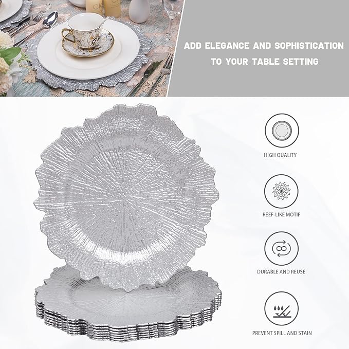 MAONAME 13" Round Silver Charger Plates, Reef Chargers for Dinner Plates, Plastic Plate Chargers for Wedding, Table Decor, Set of 8