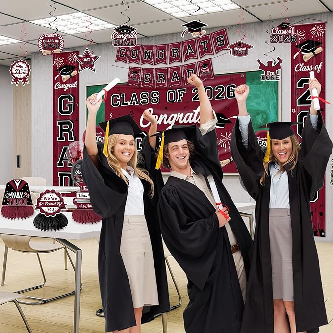 Graduation Decorations Class of 2026 Maroon Graduation Party Decor Set include Congrats Grad Banner Backdrop Class of 2026 Balloons Party Supplies