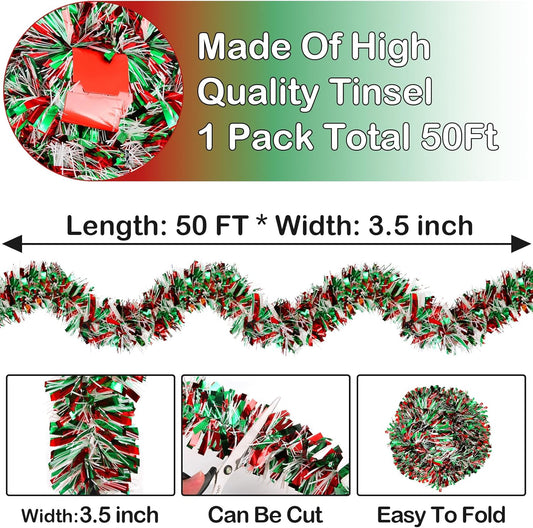 50ft Metallic Tinsel Garland - Christmas Tree Decorations (Red, Green, White)