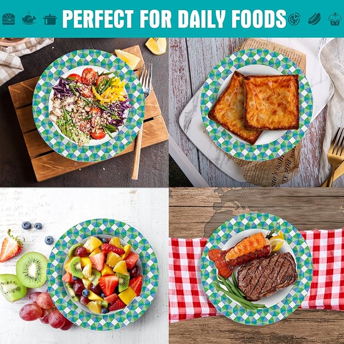 Charmount Paper Plates Bulk, 10 Inch Large Paper Plates, 100pcs Disposable Paper Plates, Blue Paper Plates for Parties and Daily Use, Soak Proof, Cut Proof, Green Printed