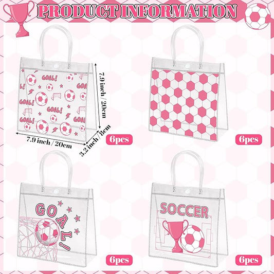 H1vojoxo Pink Soccer Gift Bags - 24PCS Pink Soccer Clear Goodie Bags with Handle 7.9x3.2x7.9 Inch Clear PVC Treat Bag for Team Girls Ball Themed Candy Snack Goody Bag for Sport Birthday Party Favor