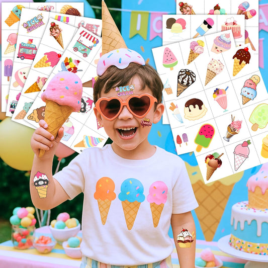 8 Sheets (96PCS) Ice Cream Temporary Tattoos Birthday Party Decorations Favors Tattoos Stickers Cute Party Supplies Kids Girls Boys Gifts Classroom School Prizes Themed