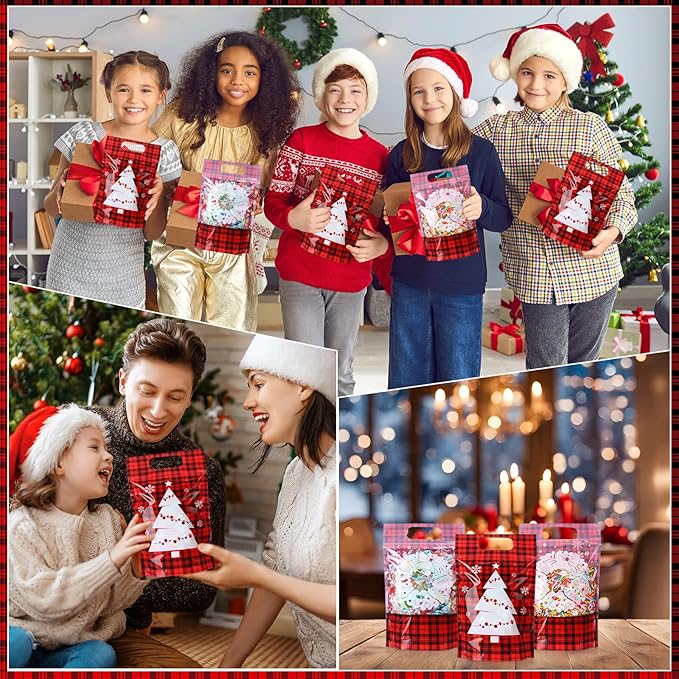 Blosssound 50 Pcs Christmas Party Gift Bags Red Black Plaid Plastic Bags Xmas Buffalo Favor with Handle for Christmas Holiday Party Candy Guests Gift Wrapping Supplies Decor (Buffalo Plaid)
