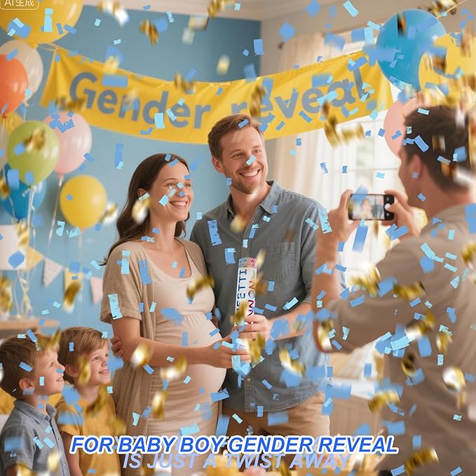 4 Pack Gender Reveal Confetti Cannon, 12 in Blue Rectangle Shaped Paper Party Poppers Cannons, Confetti Poppers For Baby Boy Gender Reveal Baby Showers (Rectangle, Blue)
