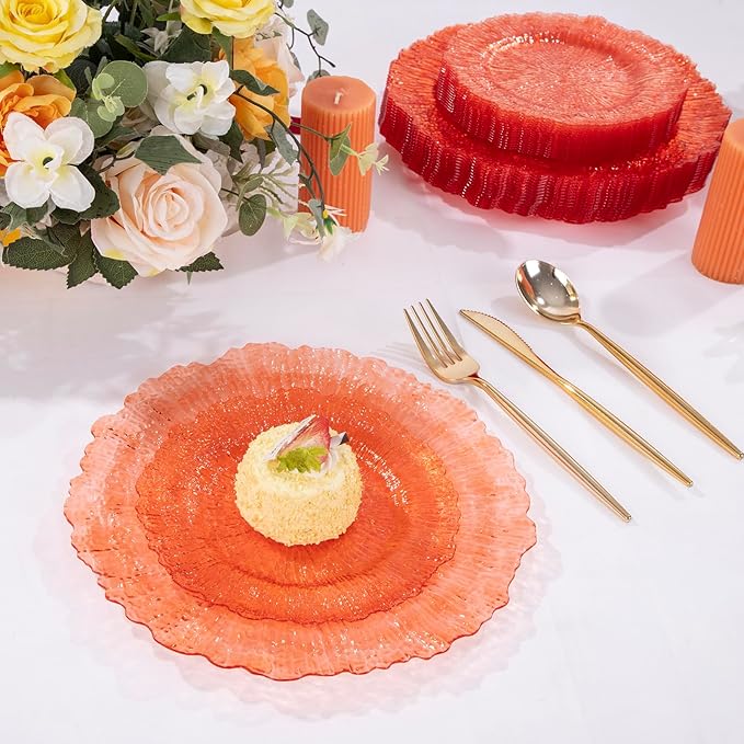 U-QE 60PCS Clear Orange Plates - Reef Orange Plastic Plates Disposable&Reusable - Heavy Duty Plastic Plate Including 30 Dinner Plate 10" & 30 Dessert 7" Perfect for Party