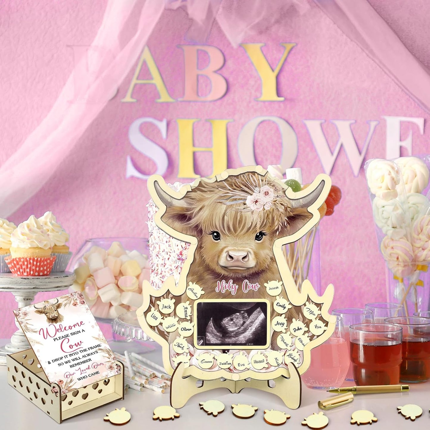 Wenqik 63 Pcs Highland Cow Baby Shower Guest Book Alternatives Set Baby Shower Decorations with Photo Frame Sonogram Frame Keepsake 60 Wood Slices Guest Book for Birthday