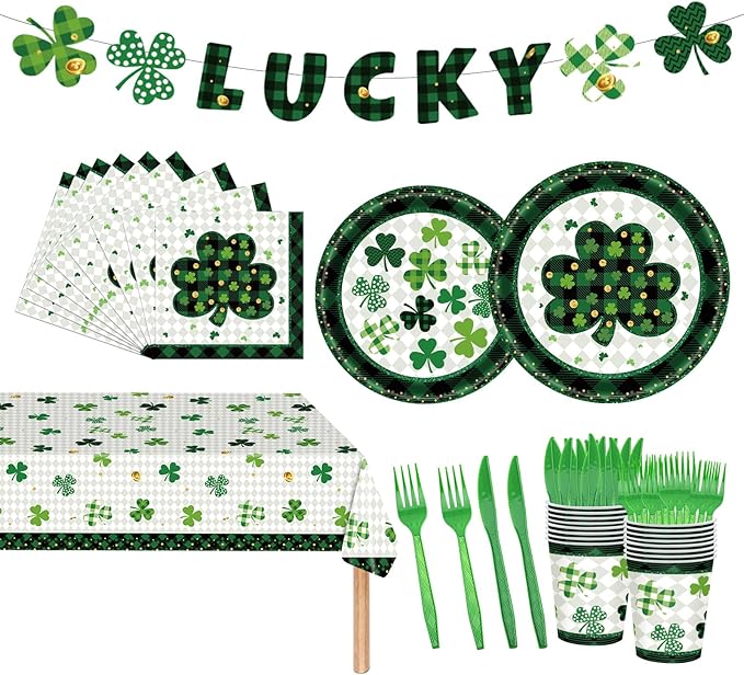 98PCS St Patrick's Day Party Supplies Green Irish Shamrock Tableware Set Lucky Shamrock Birthday Party Supplies St Patrick's Day Party Decorations Irish Shamrock Paper Plates and Napkins for 16 Guests