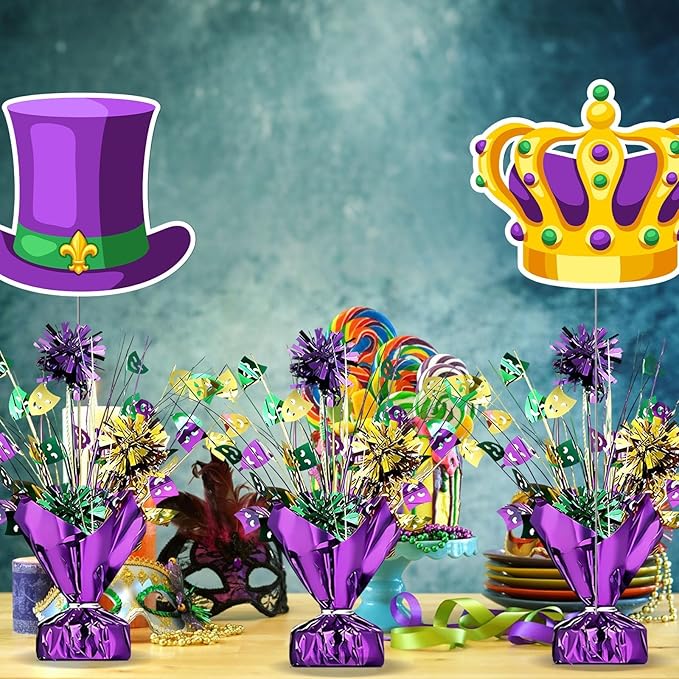 6 PCS Mardi Gras Table Centerpieces Metallic Plastic Carnival Decoration Centerpiece Glitter Foil Masquerade Party Table Decor with Carnival Cutouts for Festival Home Table Party Supplies Decor
