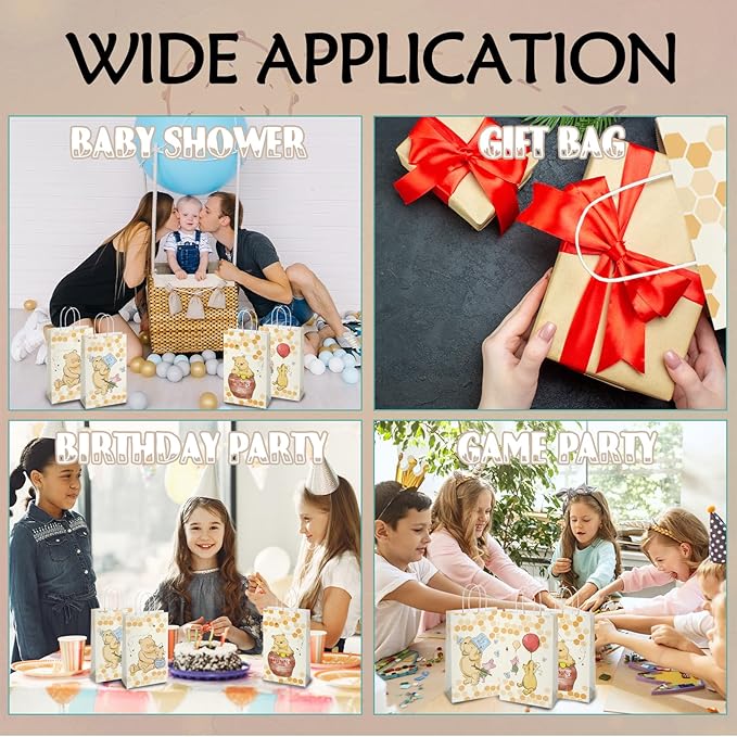 wjrsxilt Pooh Bear Gift Bags with Handles - 16pcs Winnie Goodie Bag with Rope for Bear Themed Parties, Kid's Birthday, Halloween Candy Gift Treat Bags for Party Favor 8.6 * 5 * 3.7inch