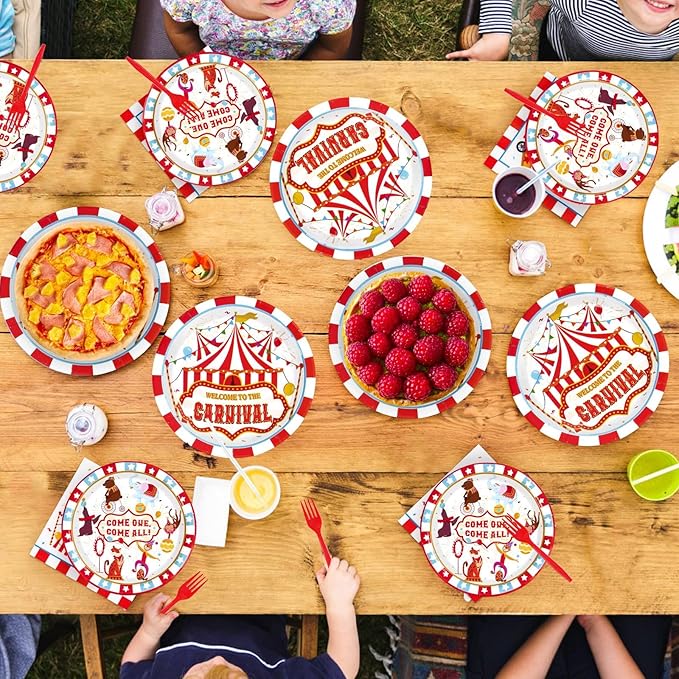 Grencian 200Pcs Carnival Party Decorations Carnival Circus Plates and Napkins Disposable Circus Theme Paper Tableware Set for Birthday Baby Shower Fiesta Party Supplies, Serves 50