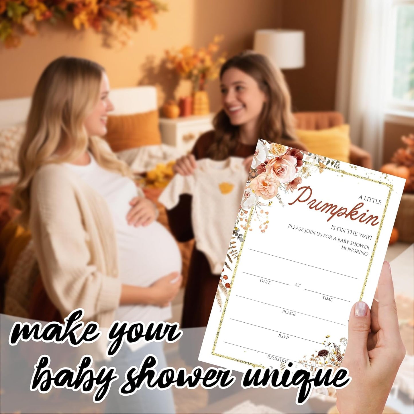 Fall Floral Pumpkin Baby Shower Invitations - “A Little Pumpkin Is On The Way” Design with Envelopes And RSVP Cards - 20Pcs Fill In Baby Shower Party Cards(4 x 6 Inch) (041)