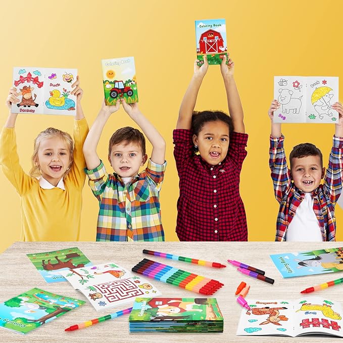 BenLouis 24 Farm Animals Mini Coloring Books Kids with 24 Stacking Crayons Barn Party Favors Activity Books Bulk for Kids Farm Cow Horse Birthday Goodie Bag Gift Stuffer Classroom Reward