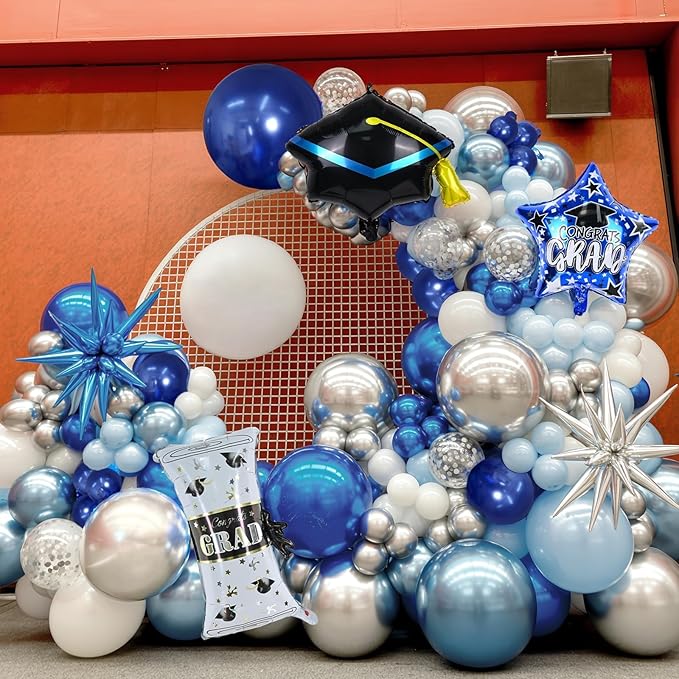 Blue Graduation Balloon Arch Garland Kit 2026, Blue White Graduation Decorations with Foil Grad Cap Diploma Star Balloons for Congrats Class of 2026 Graduates Celebrations Party Decorations