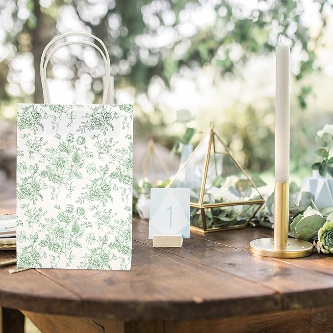JarThenaAMCS 24Pcs Sage Green Floral Paper Gift Bag Vintage Flower Treat Bags with Handles Chinoiserie Candy Goodie Packaging Bags for Birthday Wedding Party Favors Supplies