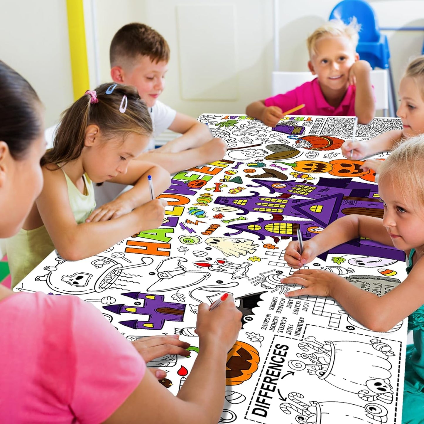 Halloween Coloring Tablecloth - 31.5 x 72 Inches,Versatile Paper Coloring Banner/Table Cover for School Party Halloween Decoration