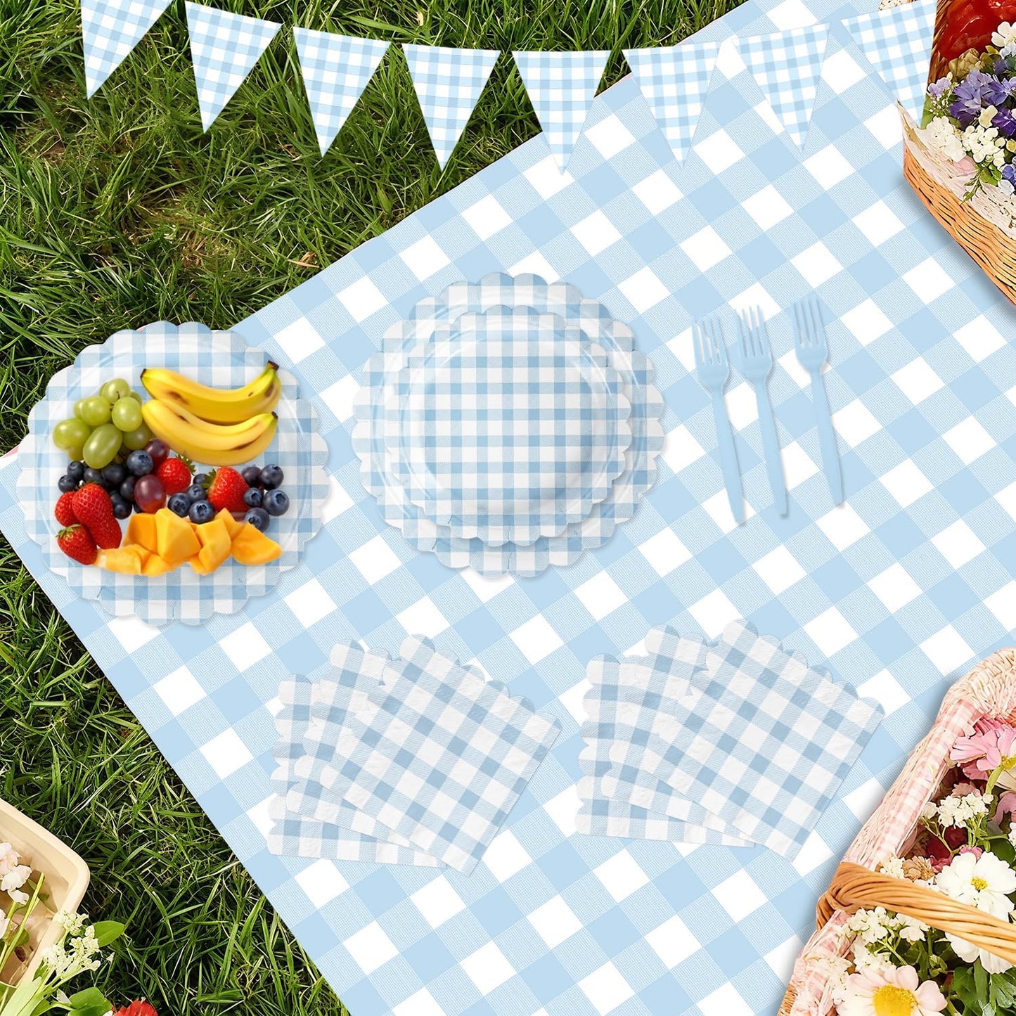 102 PCS Light Blue Gingham Party Supplies - Scalloped Plates, Napkins, Cups, Forks, Banner, Tablecloth for Baby Shower, Wedding, Birthday, Serves 25