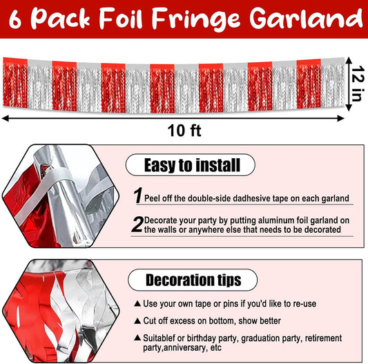 6 Pack 10 Feet Red Silver Wave Foil Fringe Garland Metallic Tinsel Streamers Banner Wall Hanging Curtain Backdrop for Parade Floats, Mother's Day, Easter, Wedding, Birthday Party Decoration