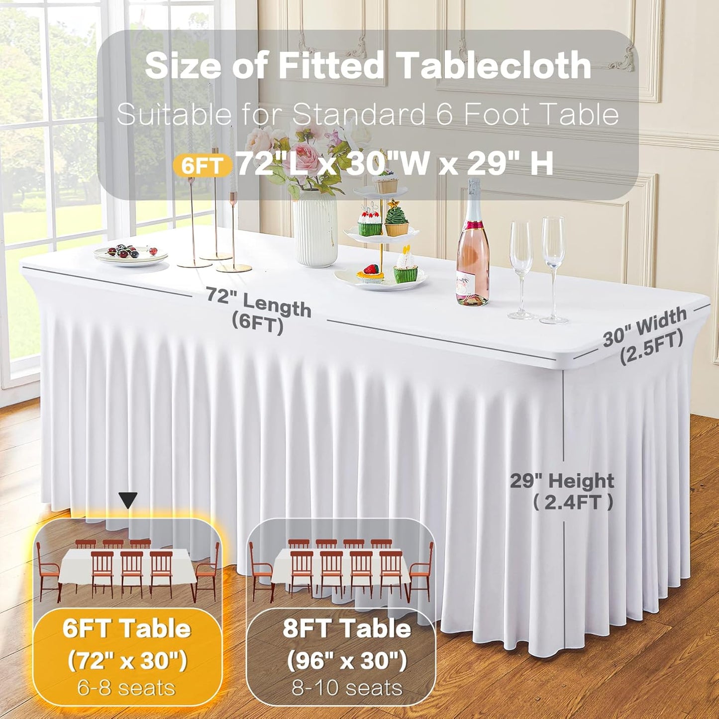 6pk White Spandex Table Clothes for 6 Foot Rectangle Tables, Wrinkle Free Stretch Table Cloth 6ft Fitted Table Cover Table Skirt for Wedding Party Banquet Birthday Party Events