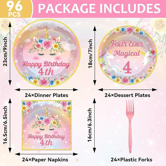 96PCS Four Ever Magical Party Paper Plates and Napkins Unicorn 4th Birthday Party Decor Rainbow Unicorn Plates Girls 4 Year Old Tableware Set for 24 Guests Magical 4th Birthday Gatherings Decorations