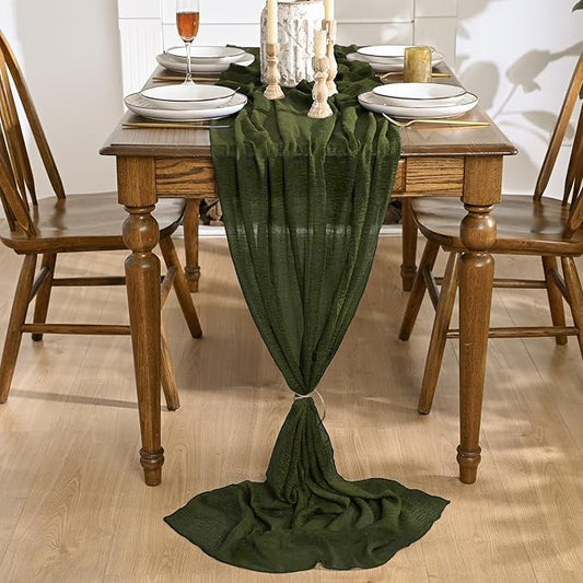 Artoid Mode Boho Cheesecloth Gauze Olive Green Wedding Table Runner, 120 Inch Seasonal Fabric Kitchen Dining Holiday Table Decor for Home Party Indoor