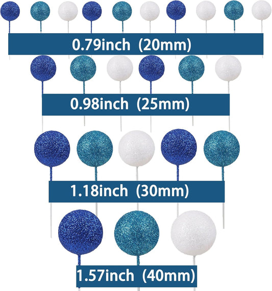 30Pcs Glitter Balls Cake Topper Foam Ball Cake Picks Mini Balloon DIY Cake Insert Topper Decoration for Baby Shower Wedding Anniversary Birthday Graduation Party Cake Decorations White Blue Deep Blue