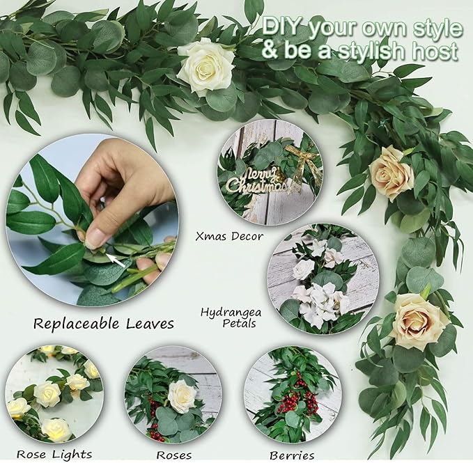2 Pack Artificial Eucalyptus Garland Each 6.5 FT Faux Greenery Garland for Wedding Mantle Table Runner DIY Garlands Decor