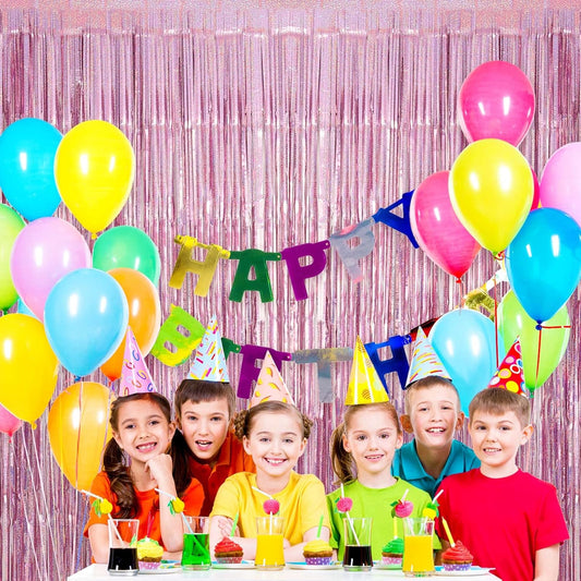 Pink Tinsel Foil Fringe Curtain Backdrop, 3.3 x 8.2 ft Metallic Glitter Curtain Streamers, 2 Pack Pink Photoboth for Birthday Bridal Shower Valentines Day Party Decorations