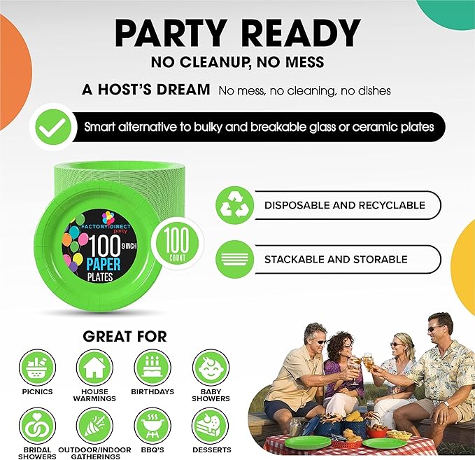 Exquisite Party Solids Lime Green Paper Plates Disposable Heavy Duty 7 Inch Lime Green Disposable Plates For Party 100 Pcs Heavy Duty 350 GSM, Birthday Supplies