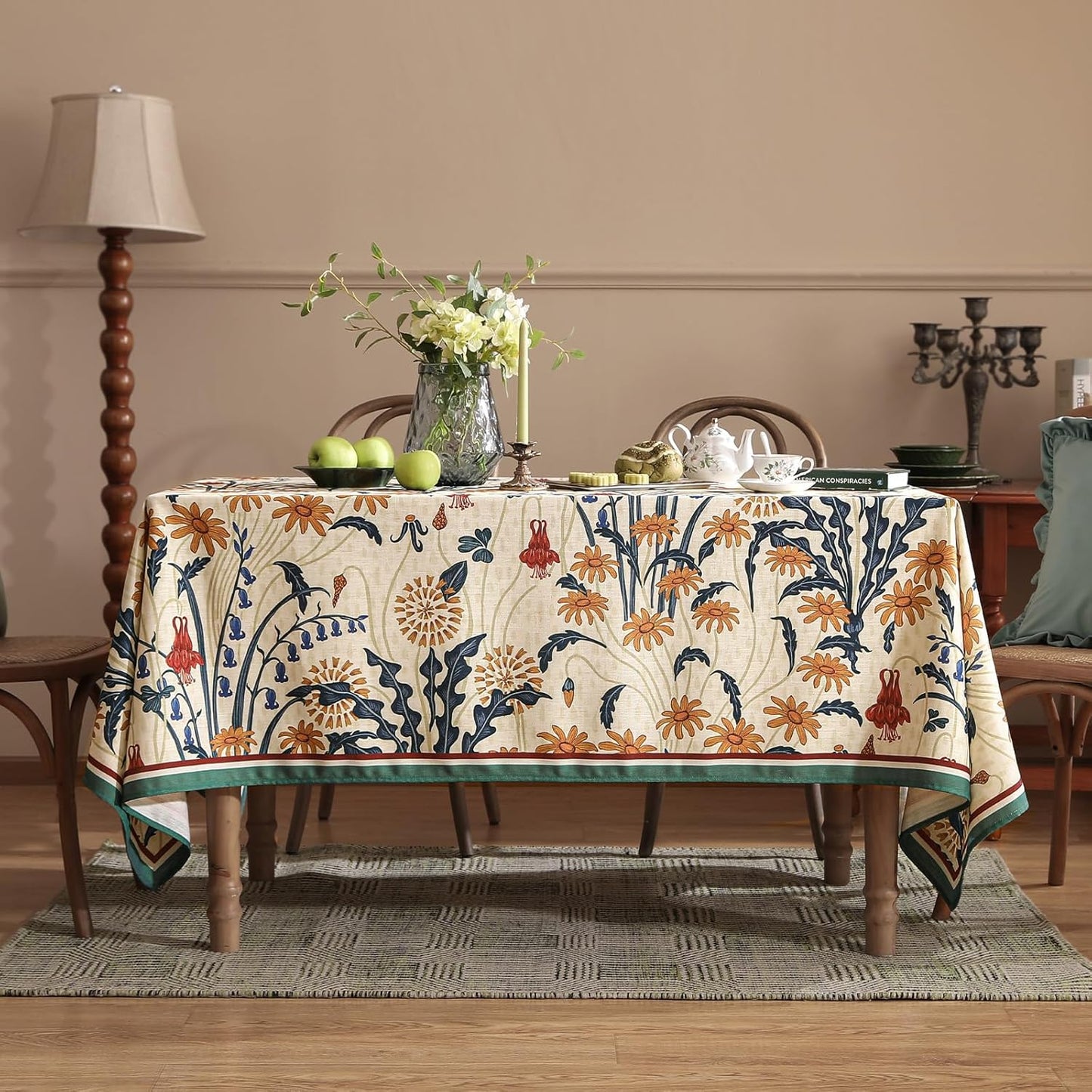 French Vintage Long Rectangular Tablecloth,Linen Tablecloth with Gold and Red Floral Pattern,Decorative Table Cover for Kitchen,Dining,Thanksgiving,Christmas,Party,63"*94"-Tijuana