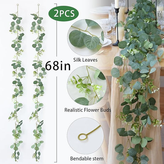 Mizii 2 Strands Artificial Vines Eucalyptus Garland 68" Fake Vine with Silk Leaves Green Garland Faux Hanging Plants Greenery Decoration for Bedroom Room Table Centerpieces Wedding Decor (Greenery)