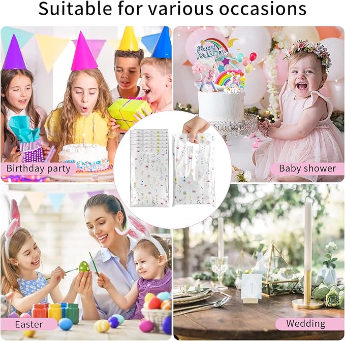 ARPOVIST 100 Pcs Small Wildflower Gift Bags,9.8" x 6.5" Floral Plastic Goody Bags with Handles for Baby Shower, Birthday, Wedding, Spring & Summer Party Favors, Candy Treat Bags Bulk