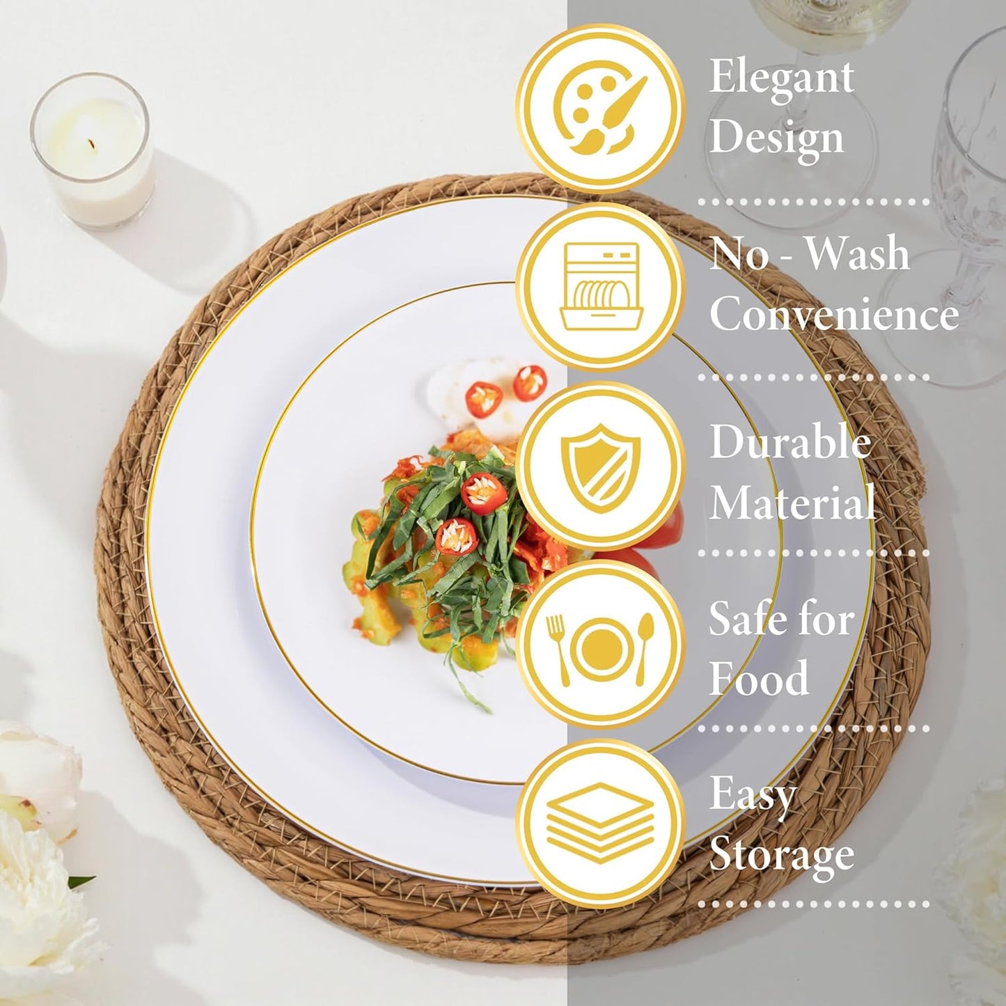 Nervure 100Pieces White with Gold Rim Plastic Plates - 7.5inch Disposable Gold Salad/Dessert Plate - White and Gold Plastic Plates Ideal for Wedding & Party & Thanksgiving