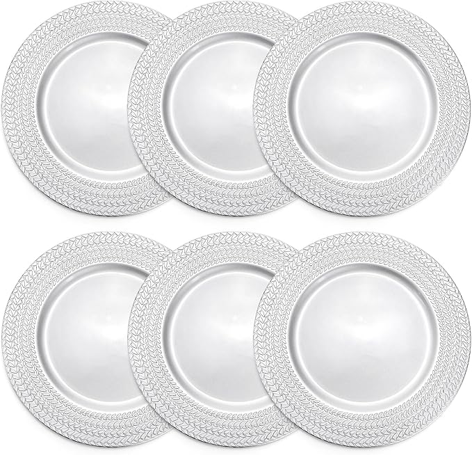 SOUJOY 12 Pack Silver Charger Plates, 13 Inch Plastic Dinner Plate, Leaf Trim Antique Charger Plate for Weddings, Parties, Anniversary, Thanksgiving, Christmas