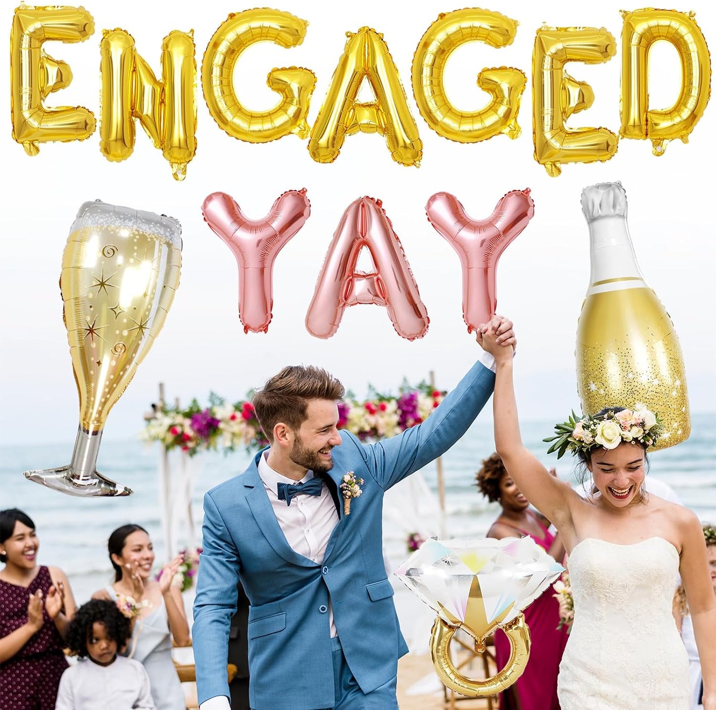 Gold Engagement Party Decorations, Engaged Yay Balloons Letters Banner, Diamond Ring White Champagne Bottle Balloon Glass Foil Balloon for Bachelorette Engagement Wedding Bridal Shower Party Supplies