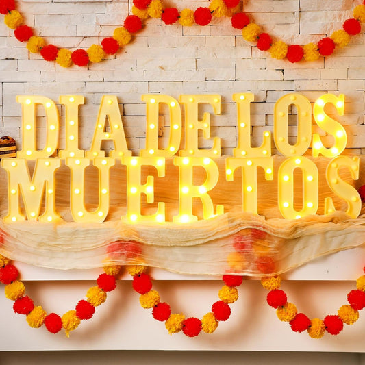 15 Pcs Day of The Dead Decorations Dia De Los Muertos Large LED Letter Signs LED Lights Battery Powered Table Decorations for Mexican Fiesta Party