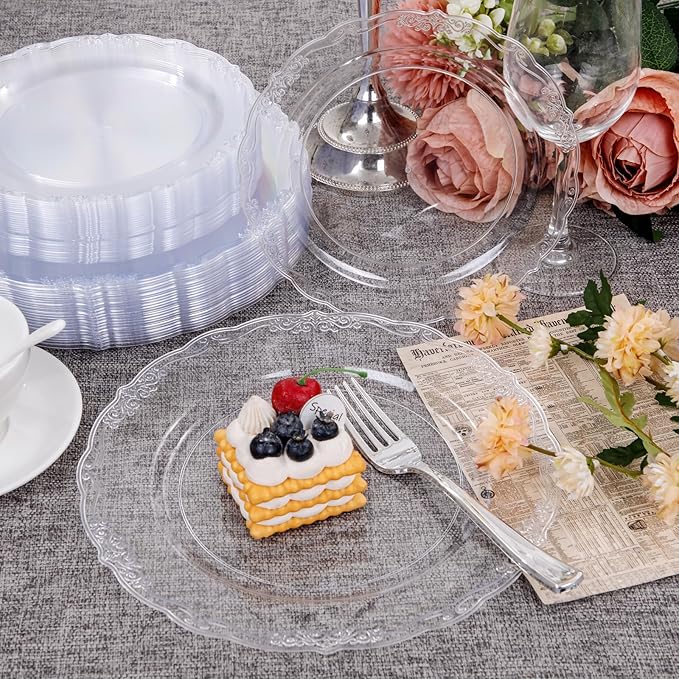 U-QE 60PCS Clear Plastic Plates for Party - Clear Plates Disposable Heavy Duty for Party & Wedding - Include 30PCS 10inch Dinner Plates and 30PCS 7.5inch Dessert/Salad Plates