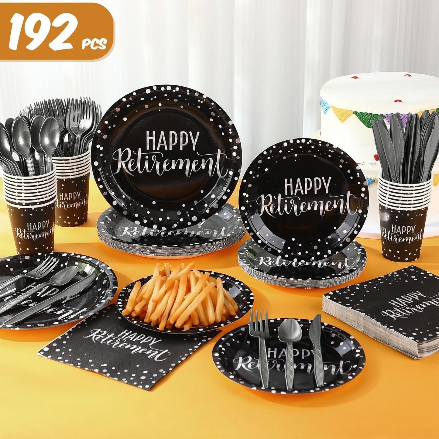 Pickmesh 192 Pcs Retirement Party Decorations Happy Retirement Paper Plates and Napkins Set with Cups and Knife Fork Spoon,Farewell Party Disposable Tableware for 24 Guest Women Men(Black Silver)