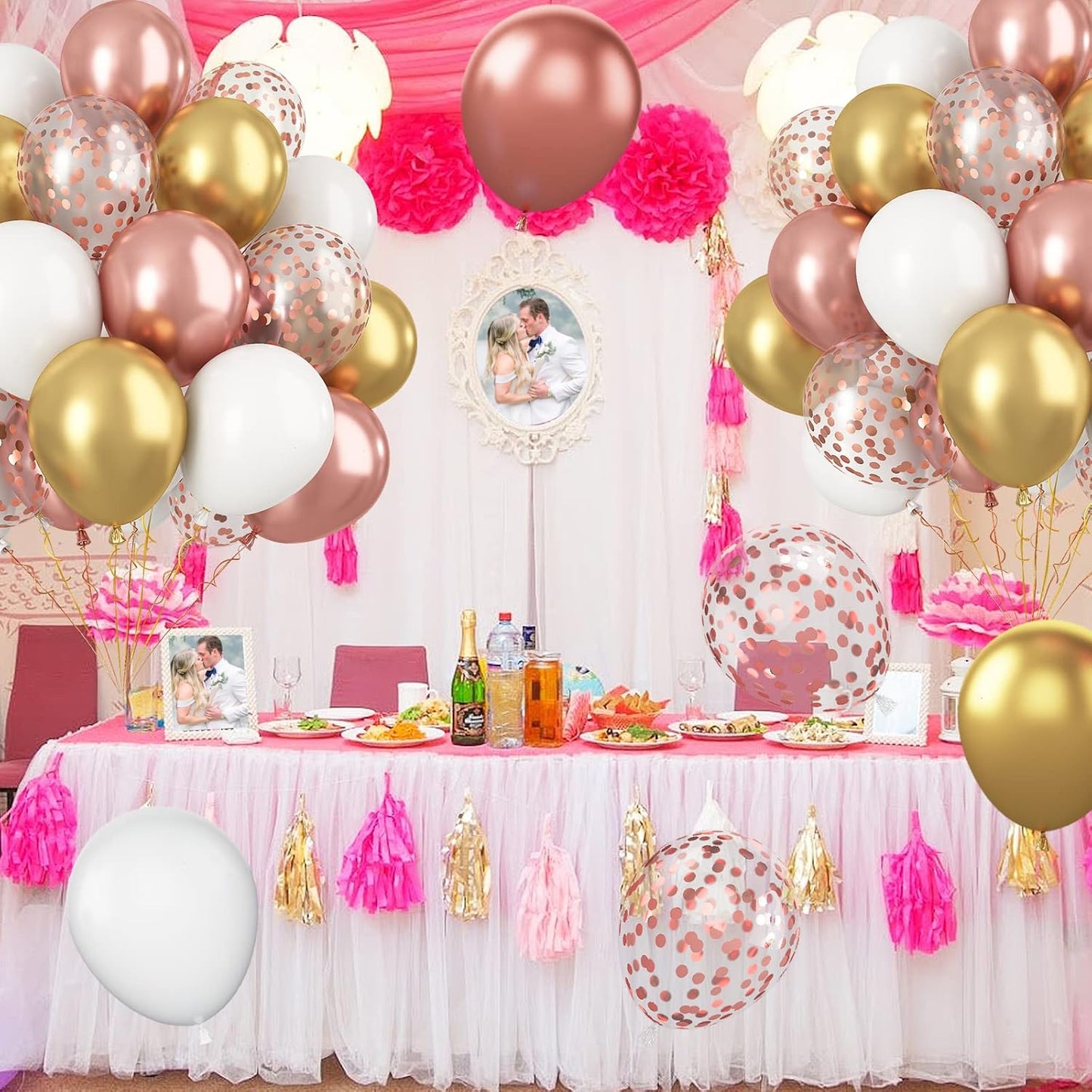 Paready Rose Gold and White Latex Balloons, 60 Pcs 12 Inch Metallic Gold Confetti Balloons with Ribbons for Birthday Party Baby Shower Anniversary Wedding Bridal Shower Graduation Decoration