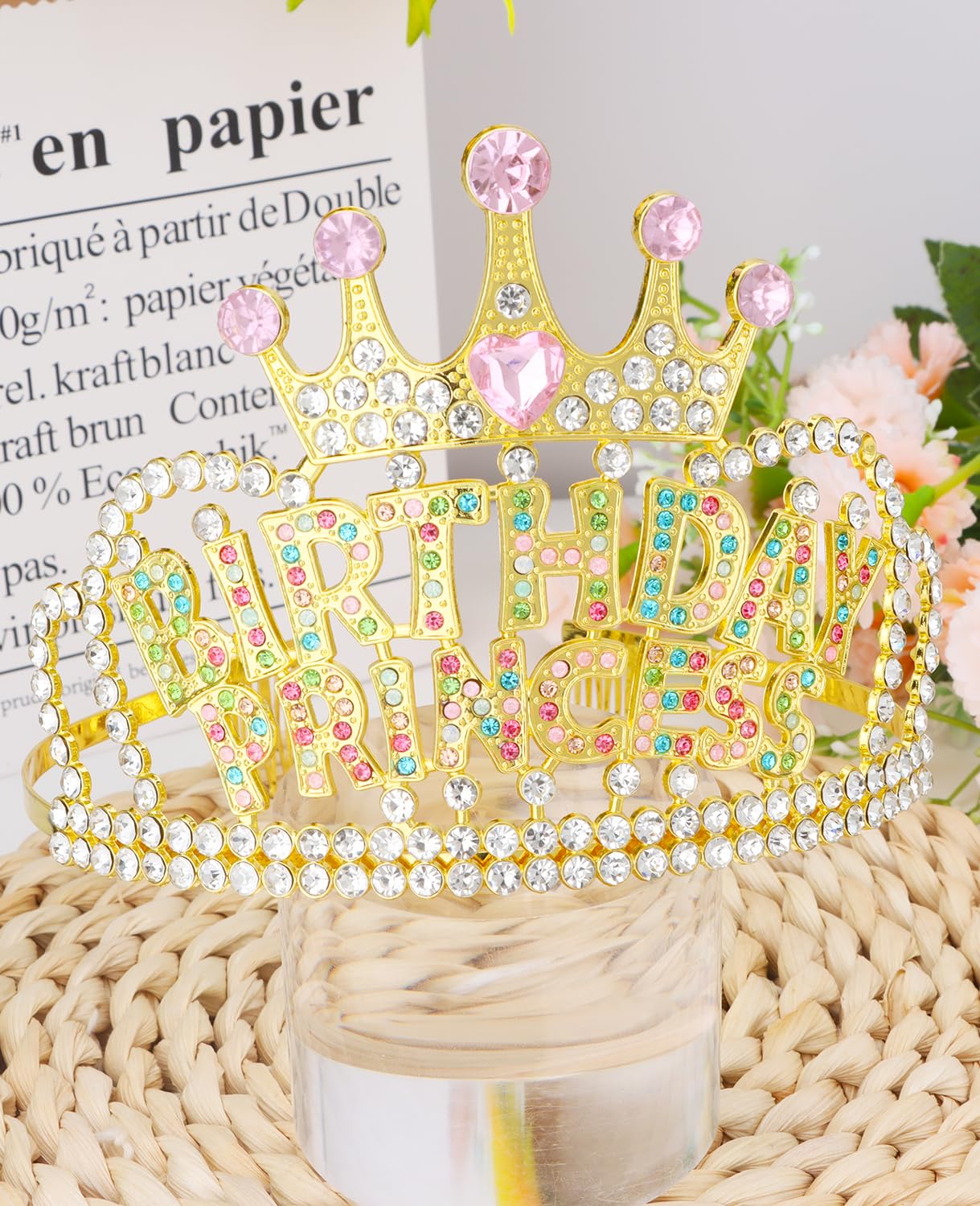 Wecoe Birthday Crown Multi-colored Princess Rhinestone Tiara with Combs Happy Birthday Party Favors Pink Decorations 16th 18th 21st 25th Gifts for Her