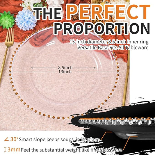 24 Pack Clear Charger Plates Bulk Wedding, 13 Inch Plastic Round Dinner Chargers with Orange Beaded Rim, Acrylic Round Decorative Plates for Wedding Party Home and Tabletop Decor (Orange)