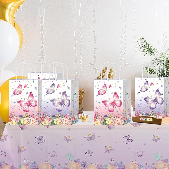 HongXingHai 16Pcs Butterfly Party Favors Gift Goodie Bags Pink Purple Flowers Treat Candy Small Floral Paper Bags with Handles for Kids Birthday Party (Butterflies, 16)