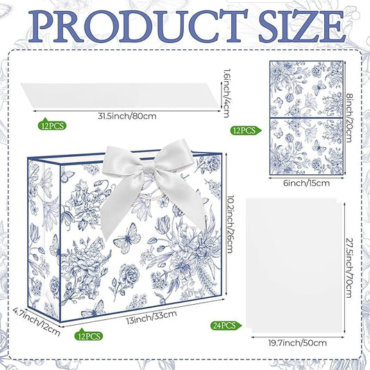 Maitys 12 Pack 13" Large Blue Floral Gift Bags Bulk with Handle, Tissue Papers, Ribbons and Greeting Cards Peony Flower Paper Bags for Wedding Bridesmaid Bridal Shower Engagement Birthday Party Favors