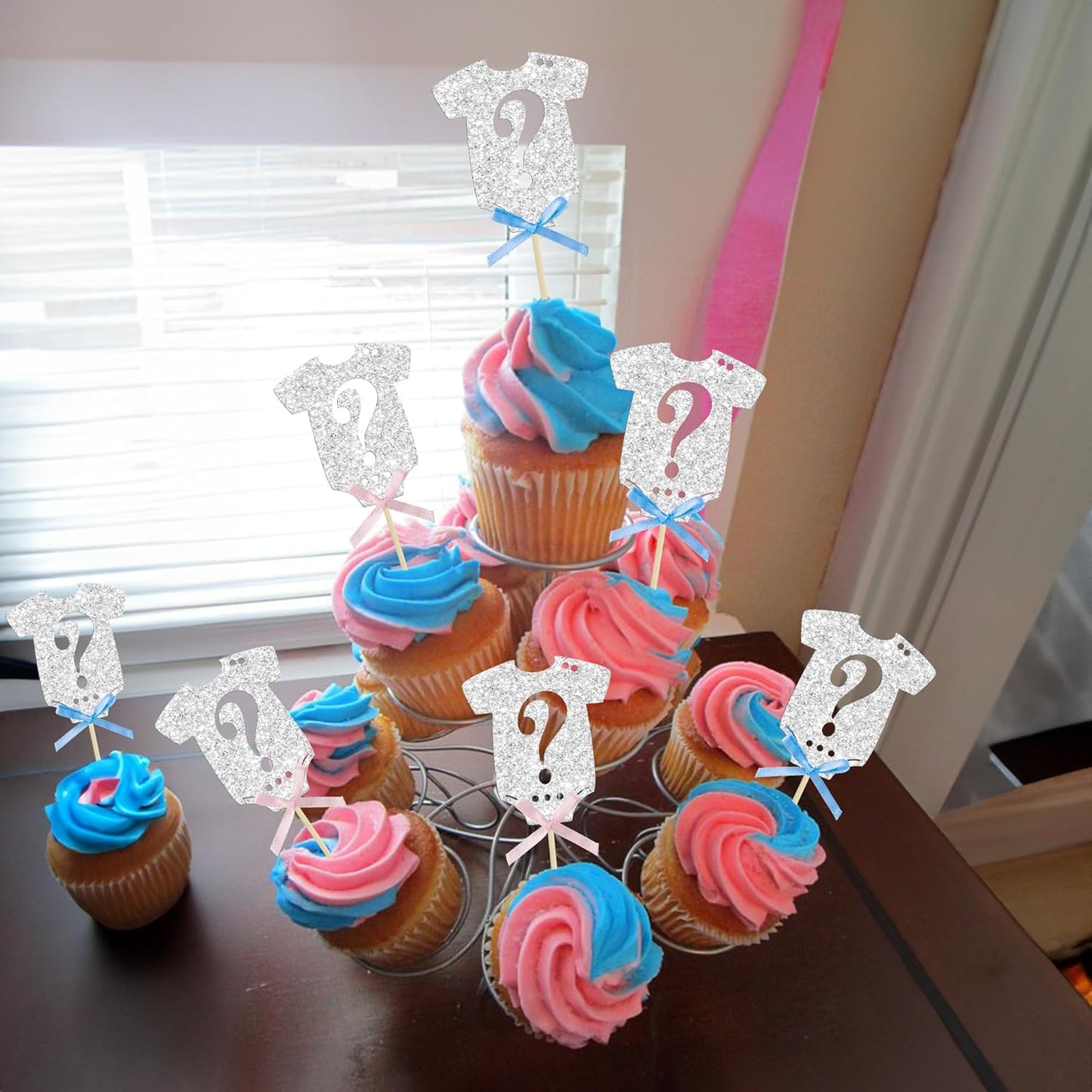 Ephlyn 24Pcs Gender Reveal Cupcake Toppers Glitter Pink Blue Bow Onesie Question Mark Boy or Girl Cake Topper Decorations for Baby Shower Theme Gender Reveal Kids Birthday Party Supplies Silver