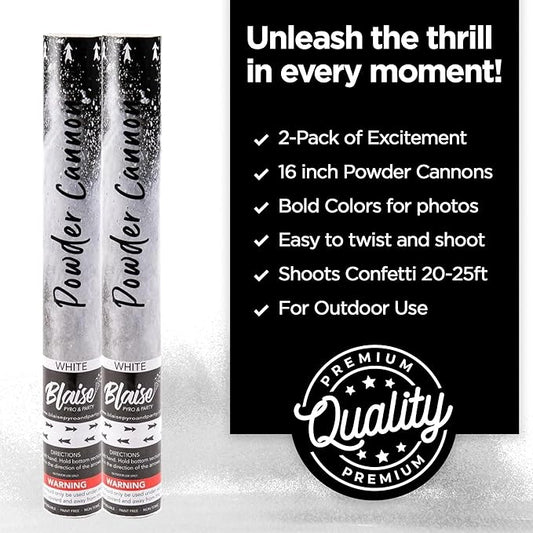 Blaise Pyro & Party - White Powder Poppers - Water-Soluble & Colorful Powder Cannons for Gender Reveals, Birthdays, Weddings & Celebrations - Easy to Use for Memorable Photos - 16-Inch, 2-Pack