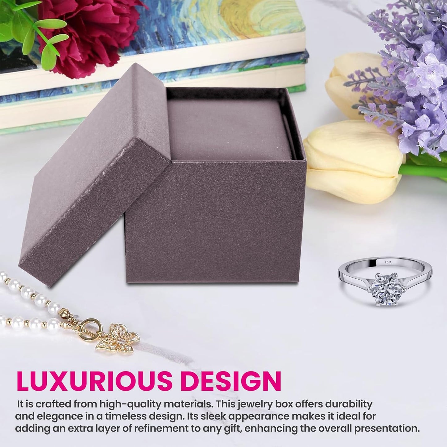 Novel Box Purple Jewelry Box for Rings 2.37x2.37x1.87 Inches - Tab Ring Gift Box for Proposal Wedding Engagement - Faux Leatherette Jewelry Display Box - Gift Presentation Boxes for Rings